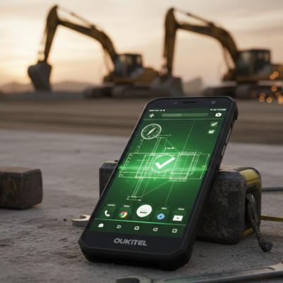 Un móvil para la construcción Oukitel WP60 reposando sobre una superficie de cemento y herramientas de obra, funcionando perfectamente.