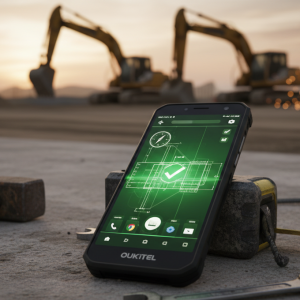 Un móvil para la construcción Oukitel WP60 reposando sobre una superficie de cemento y herramientas de obra, funcionando perfectamente.