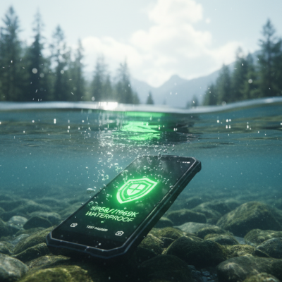 Smartphone Oukitel WP60 sumergido en agua clara, demostrando su capacidad como móvil resistente al agua profesional.