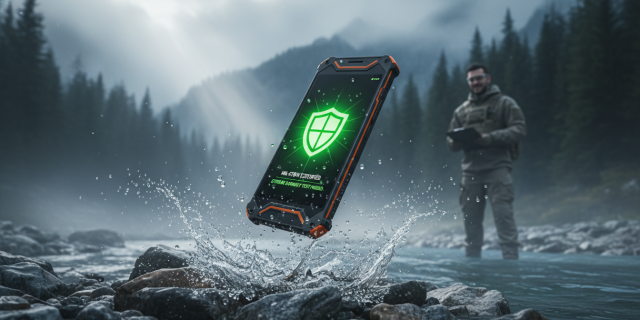 Un teléfono militar Oukitel siendo sometido a una prueba de caída extrema sobre rocas y agua, demostrando su certificación MIL-STD-810H.