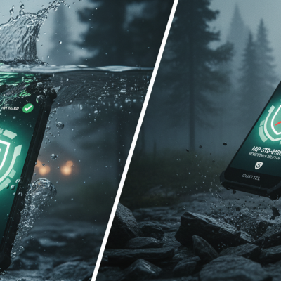 Un teléfono militar Oukitel siendo sometido a pruebas de resistencia extrema bajo el agua y cayendo sobre rocas.