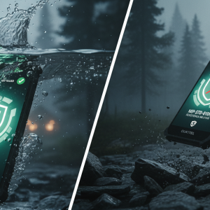 Un teléfono militar Oukitel siendo sometido a pruebas de resistencia extrema bajo el agua y cayendo sobre rocas.