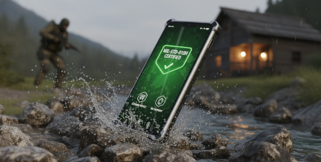 Smartphone de grado militar Oukitel WP100 soportando una caída extrema sobre rocas y agua, demostrando su certificación MIL-STD-810H.