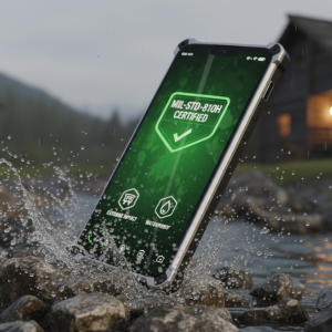 Smartphone de grado militar Oukitel WP100 soportando una caída extrema sobre rocas y agua, demostrando su certificación MIL-STD-810H.