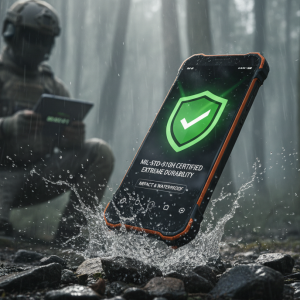 Smartphone con móvil certificación militar Oukitel WP60 soportando una caída sobre piedras y agua sin sufrir daños estructurales.