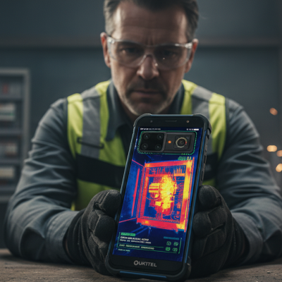 Un profesional de la electricidad utilizando un móvil con cámara térmica Oukitel para inspeccionar un cuadro eléctrico en busca de sobrecalentamientos.