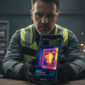 Un profesional de la electricidad utilizando un móvil con cámara térmica Oukitel para inspeccionar un cuadro eléctrico en busca de sobrecalentamientos.