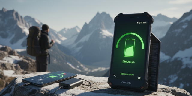 Comparativa de capacidad entre un smartphone común y el móvil con la batería más grande de Oukitel en un entorno de montaña.