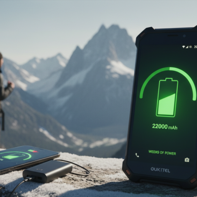 Comparativa de capacidad entre un smartphone común y el móvil con la batería más grande de Oukitel en un entorno de montaña.