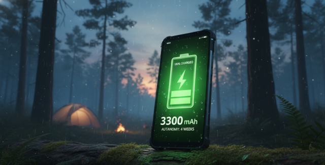 Un móvil con la batería más grande de Oukitel, el WP33 Pro, encendido en medio de un bosque demostrando su autonomía extrema.