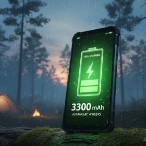 Un móvil con la batería más grande de Oukitel, el WP33 Pro, encendido en medio de un bosque demostrando su autonomía extrema.