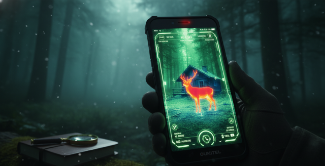 Móvil rugerizado Oukitel mostrando la cámara de visión nocturna activada en un bosque oscuro.