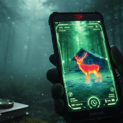 Móvil rugerizado Oukitel mostrando la cámara de visión nocturna activada en un bosque oscuro.