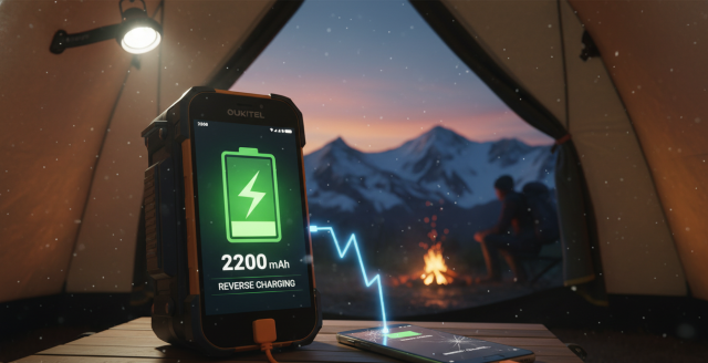 Un móvil con la batería más grande de Oukitel cargando un smartphone convencional mediante carga inversa en un campamento de montaña.