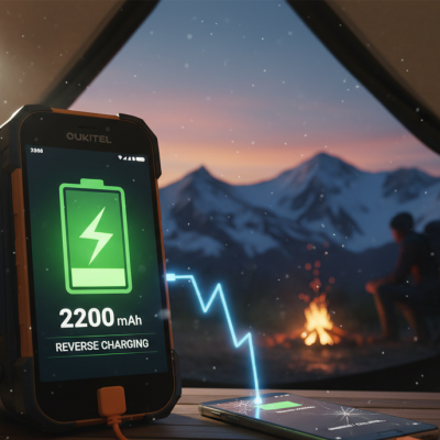 Un móvil con la batería más grande de Oukitel cargando un smartphone convencional mediante carga inversa en un campamento de montaña.