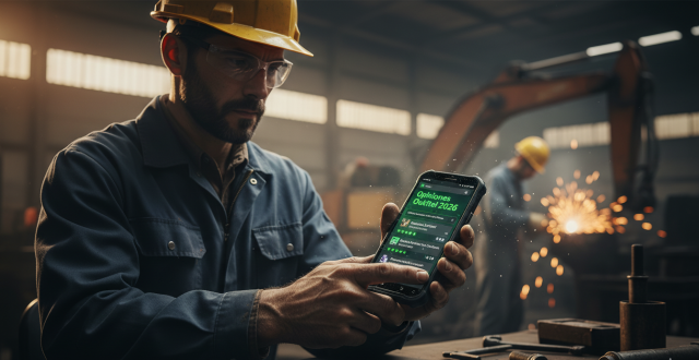 Usuario revisando opiniones oukitel en un móvil WP60 en un entorno de trabajo ruidoso y con polvo.