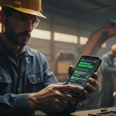 Usuario revisando opiniones oukitel en un móvil WP60 en un entorno de trabajo ruidoso y con polvo.