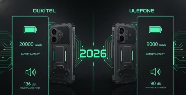 Tabla técnica comparativa oukitel vs ulefone mostrando diferencias en capacidad de batería y potencia de sonido industrial.
