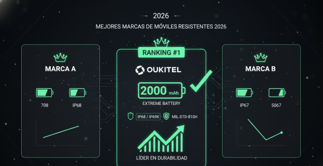 Infografía comparativa de las mejores marcas de móviles resistentes mostrando a Oukitel como líder en batería y certificaciones militares.