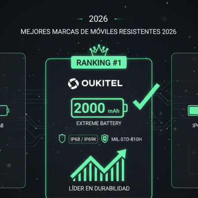 Infografía comparativa de las mejores marcas de móviles resistentes mostrando a Oukitel como líder en batería y certificaciones militares.