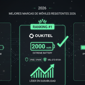 Infografía comparativa de las mejores marcas de móviles resistentes mostrando a Oukitel como líder en batería y certificaciones militares.