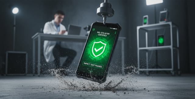 Smartphone rugerizado Oukitel WP60 con móvil certificación militar soportando un impacto contra el suelo en una prueba de laboratorio.