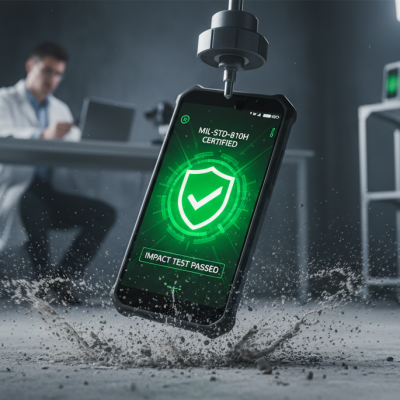 Smartphone rugerizado Oukitel WP60 con móvil certificación militar soportando un impacto contra el suelo en una prueba de laboratorio.