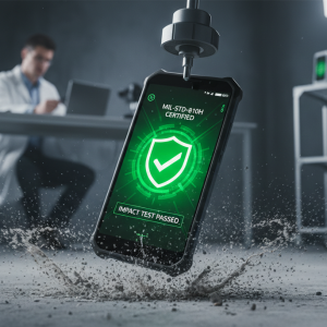 Smartphone rugerizado Oukitel WP60 con móvil certificación militar soportando un impacto contra el suelo en una prueba de laboratorio.