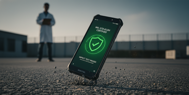 Smartphone Oukitel con móvil certificación militar siendo sometido a una prueba de caída sobre asfalto y piedras en exteriores.