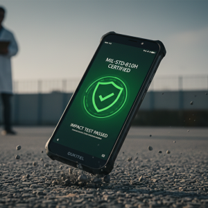 Smartphone Oukitel con móvil certificación militar siendo sometido a una prueba de caída sobre asfalto y piedras en exteriores.