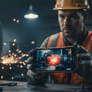 Profesional utilizando un móvil con cámara térmica Oukitel para detectar una avería en un motor industrial mediante la firma de calor.