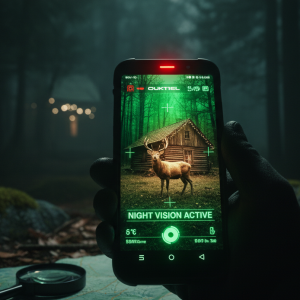 Smartphone rugerizado Oukitel WP19 mostrando su cámara de visión nocturna por infrarrojos en un entorno de oscuridad total.