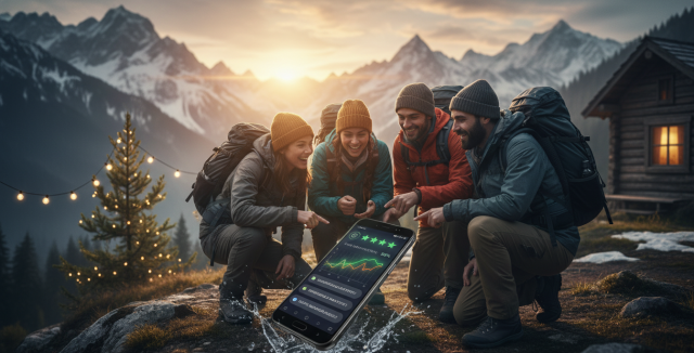 Grupo de personas comentando y revisando sus opiniones oukitel sobre un smartphone WP60 en un entorno de montaña.