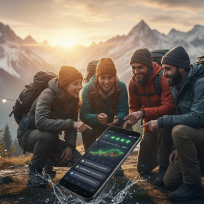 Grupo de personas comentando y revisando sus opiniones oukitel sobre un smartphone WP60 en un entorno de montaña.