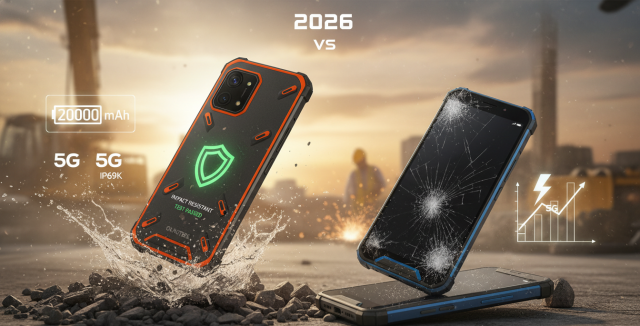 Comparativa técnica oukitel vs ulefone mostrando un dispositivo resistente a caídas en una zona de construcción.