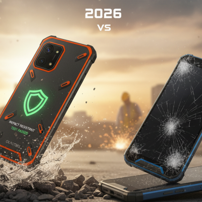 Comparativa técnica oukitel vs ulefone mostrando un dispositivo resistente a caídas en una zona de construcción.