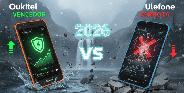 Comparativa técnica oukitel vs ulefone mostrando dos smartphones resistentes a golpes y agua en un entorno de montaña.