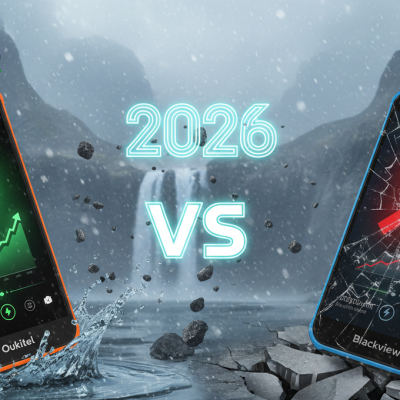 Comparativa técnica oukitel vs ulefone mostrando dos smartphones resistentes a golpes y agua en un entorno de montaña.