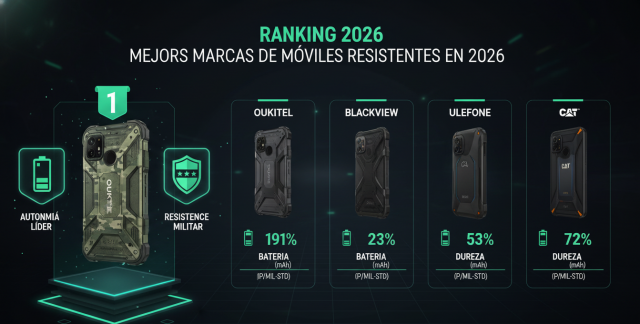 Infografía comparativa de las mejores marcas de móviles resistentes de 2026 mostrando a Oukitel como líder en autonomía y resistencia militar.