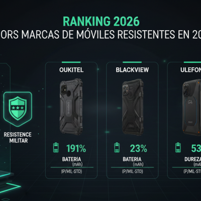 Infografía comparativa de las mejores marcas de móviles resistentes de 2026 mostrando a Oukitel como líder en autonomía y resistencia militar.