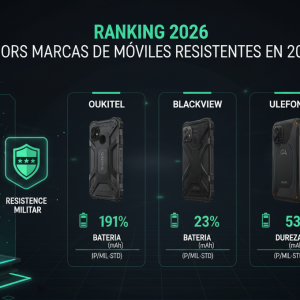 Infografía comparativa de las mejores marcas de móviles resistentes de 2026 mostrando a Oukitel como líder en autonomía y resistencia militar.