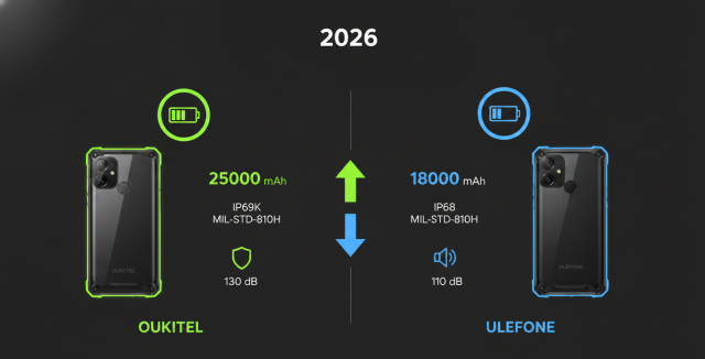 Gráfico comparativo oukitel vs ulefone detallando la capacidad de batería, certificaciones IP y potencia de sonido de sus modelos insignia.