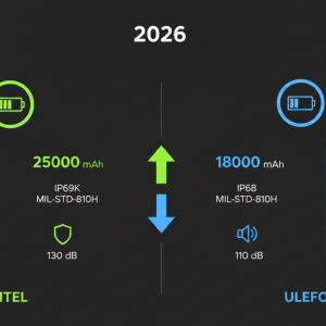 Gráfico comparativo oukitel vs ulefone detallando la capacidad de batería, certificaciones IP y potencia de sonido de sus modelos insignia.
