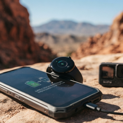 Smartphone on a rocky desert surface connected to a GoPro-style action camera via a cable with a canyon in the background.