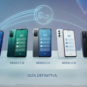 Display stand showing five smartphones (Modelos A–E) with a 'Guía Definitiva' label on the front, and a 5G graphic in the background.