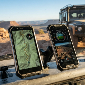 Dual rugged tablets on a vehicle dashboard display topographic map and terrain data; off-road canyon in background.