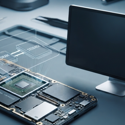 Laptop motherboard with a translucent schematic labeled DRAM and STORAGE hovering above it, beside a monitor on a repair bench.