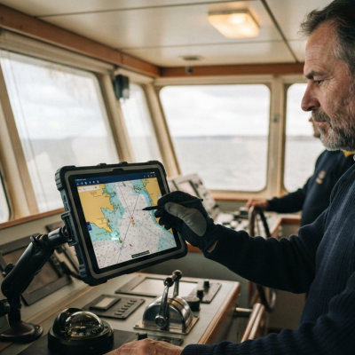 Captain on a boat's bridge uses a rugged tablet displaying a nautical chart for navigation on the vessel's console. / 1 line concise alt text for informative image with function context