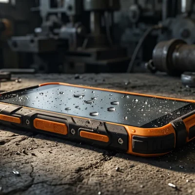Smartphone rugerizado con certificación militar MIL-STD-810H sobre superficie industrial