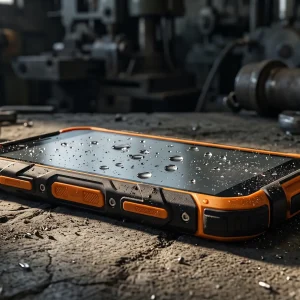 Smartphone rugerizado con certificación militar MIL-STD-810H sobre superficie industrial